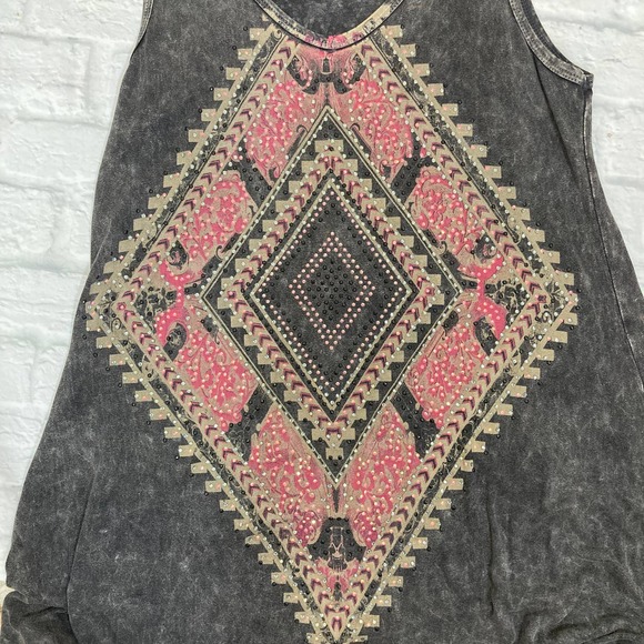 Vocal fringe rhinestone tank dress, size small acid wash aztec graphic boho midi - Picture 5 of 8